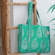 Strandtas katoen - Blockprint Turkoise  - Love Ibiza