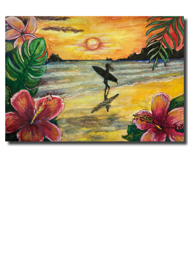 Wenskaart - bloemen sunset surf - Waterkunst