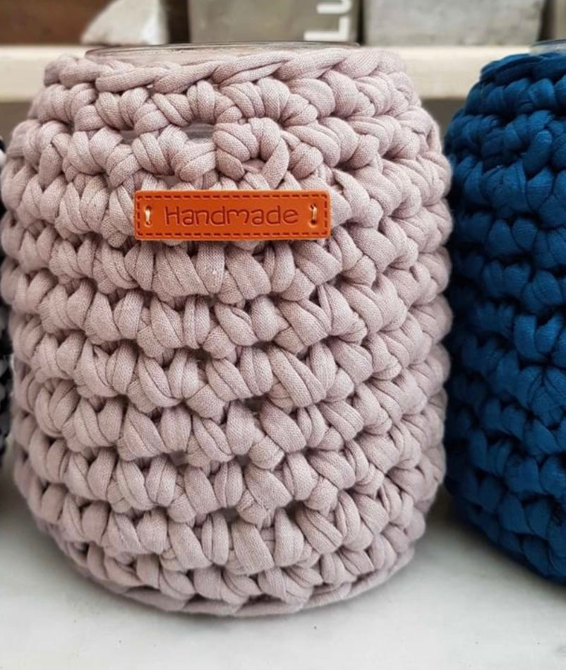 Upcycled potten -  handmade van gerecycled katoen & glas - M