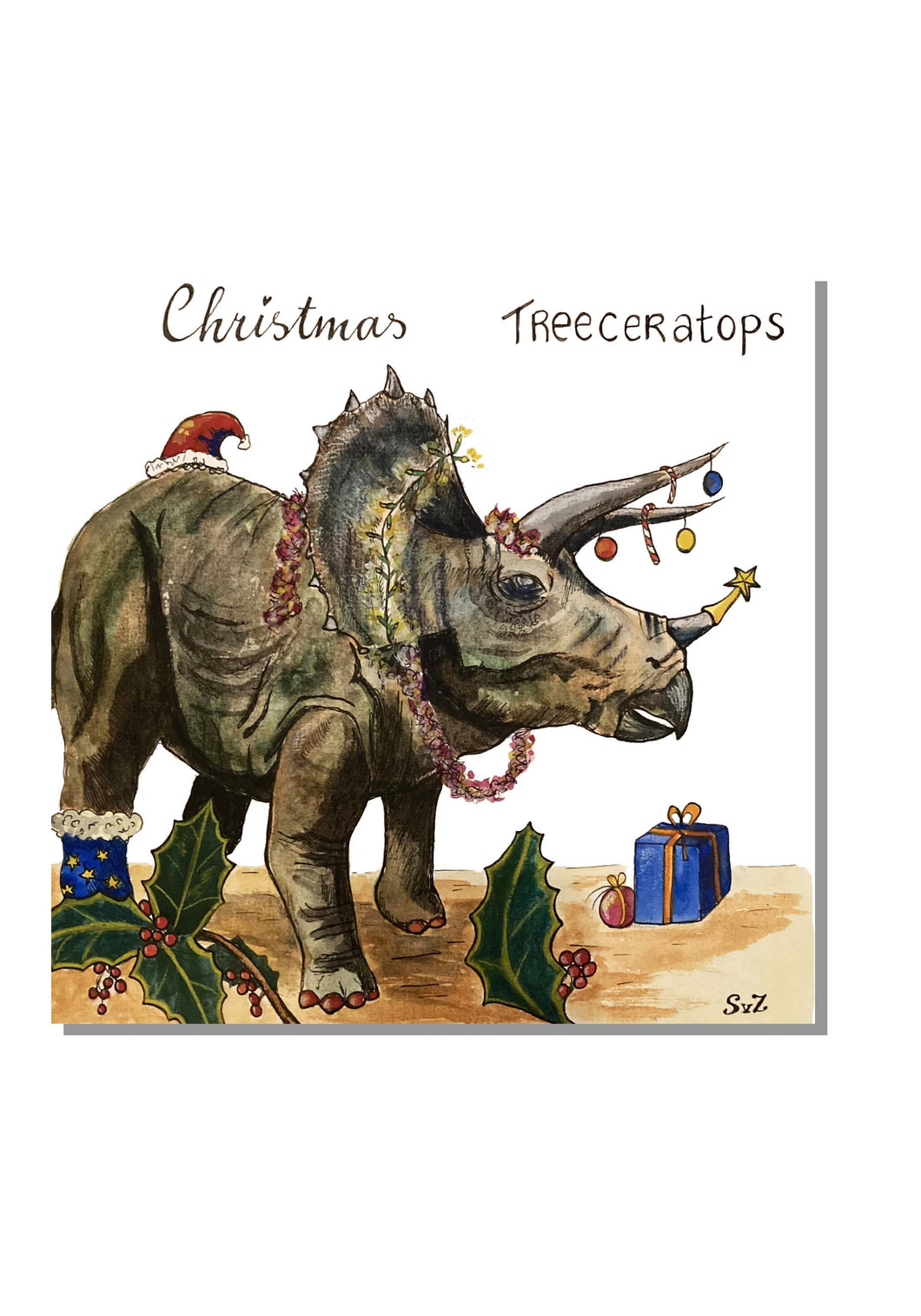 Kerstwenskaart vierkant Dino Treeceratops - Waterkunst